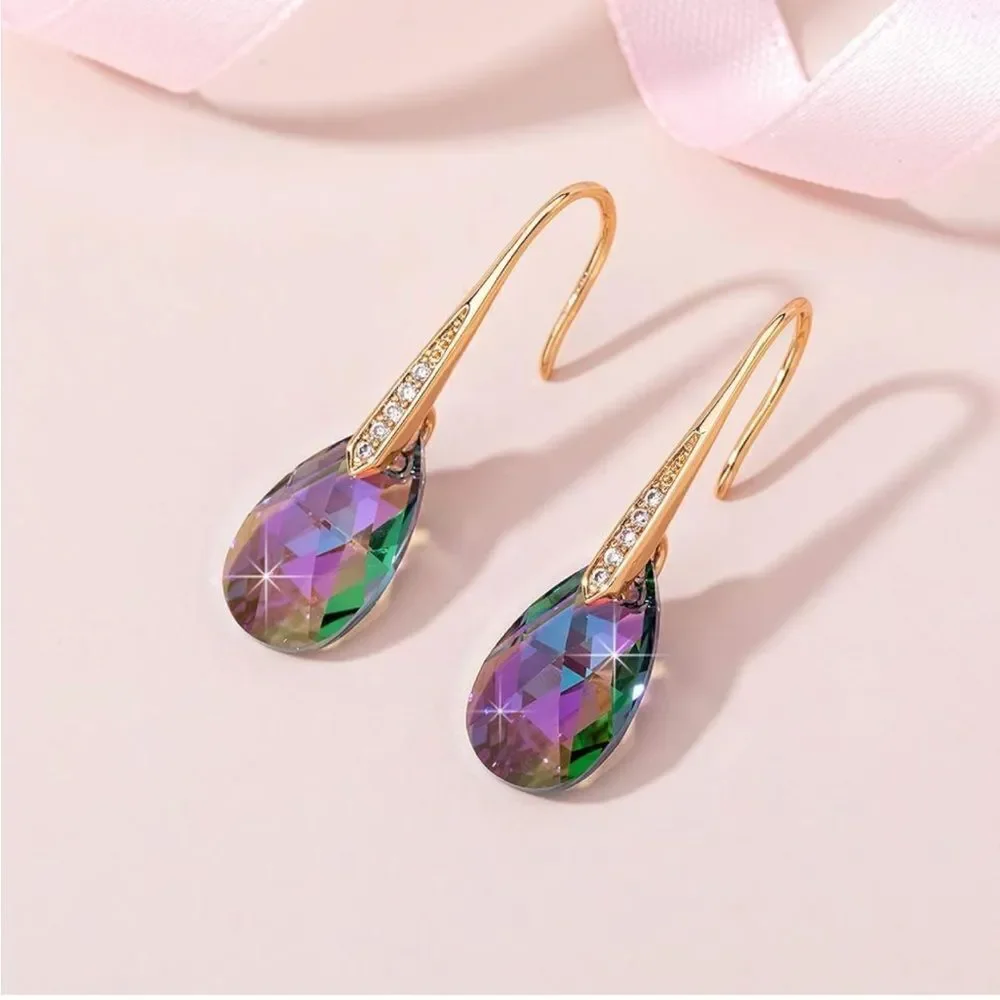 14K Yellow Gold with Rainbow Topaz Austrian Crystal Teardrop Drop Hook Earrings